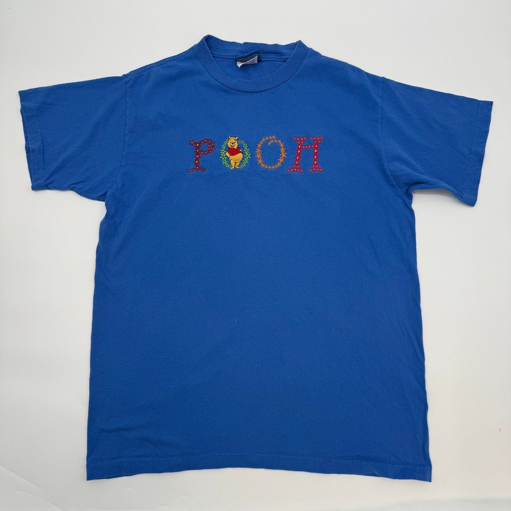 Pooh Women L T-Shirt Blue Embroidered Winnie the Pooh Floral Graphic Cotton